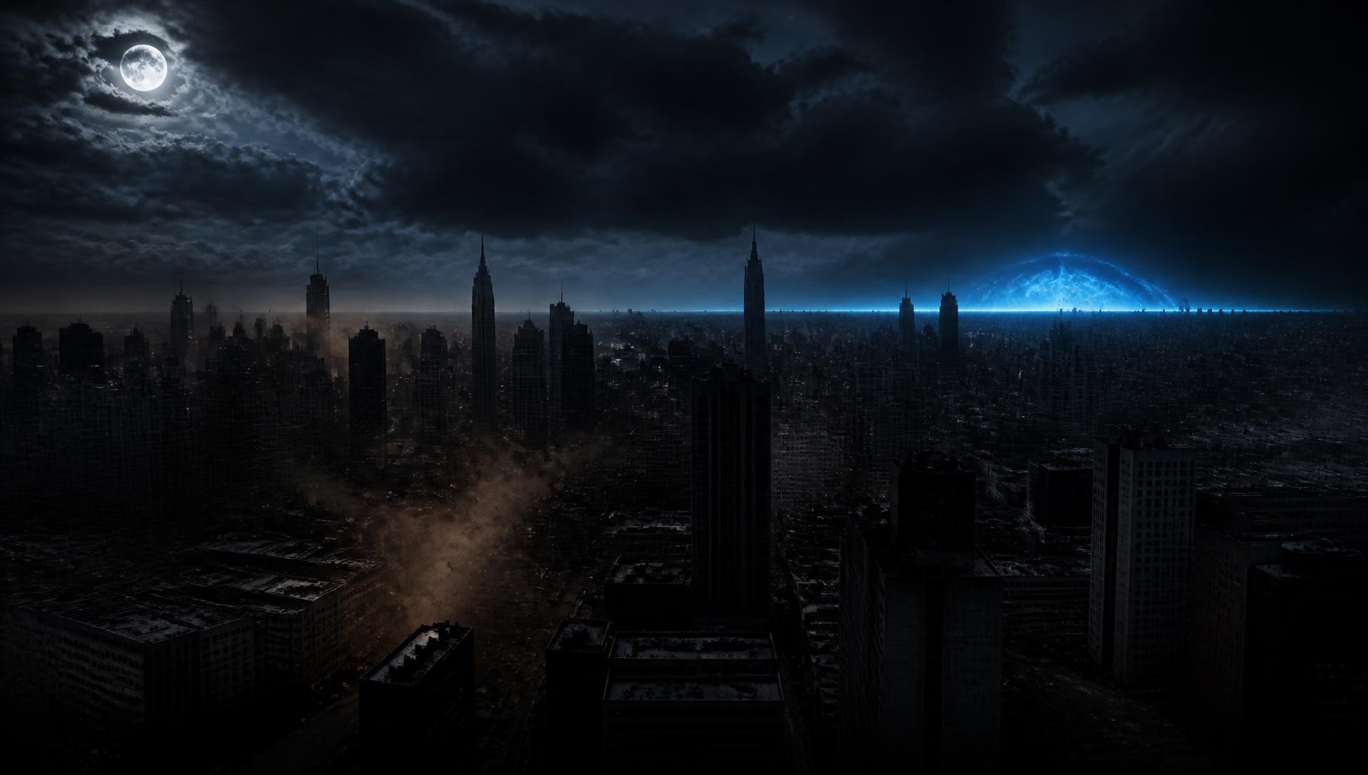 Dark city skyline after a grid blackout