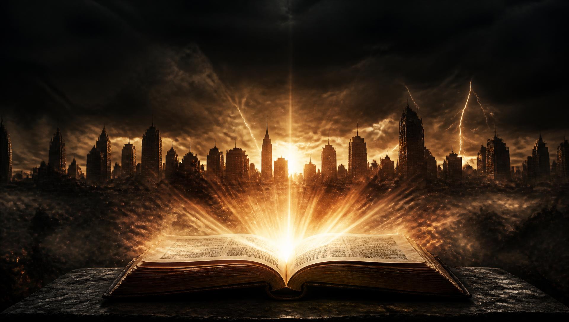 Open Bible radiating light before a ruined city skyline under a storm